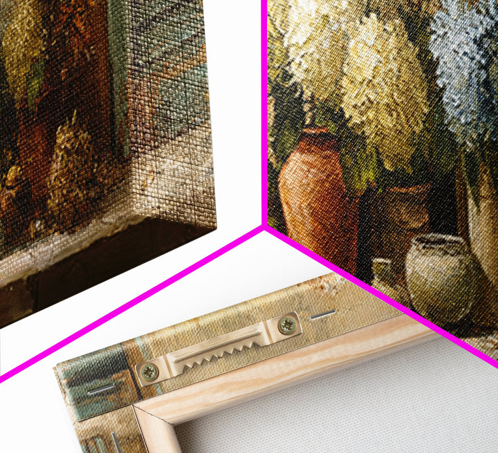Soft Hydrangeas Beside Antique Shutters Framed Canvas Print, French Country Art, Textured Painting, Farmhouse Decor, Country, FCA-3x1-72