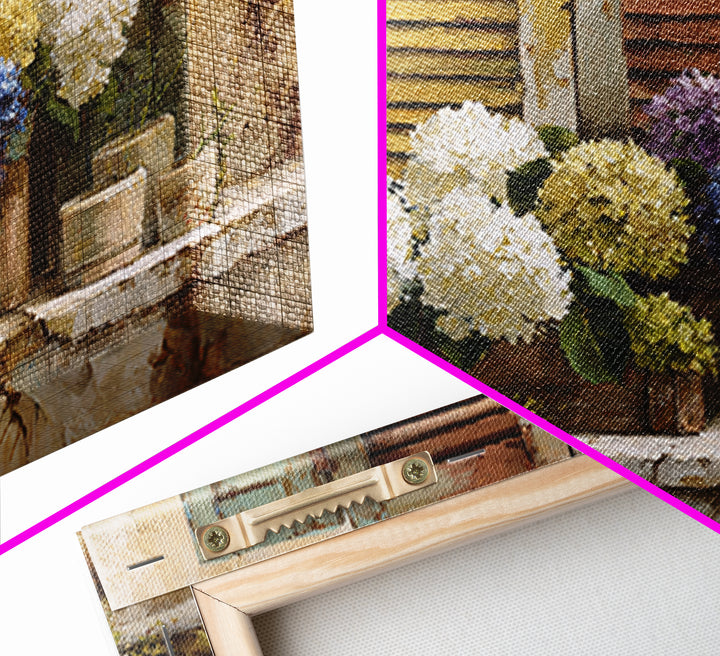 Soft Hydrangeas Beside Antique Shutters Canvas Print, French Country Art, Luxury Decor, Farmhouse Decor, Fine Art, Country, FCA-3x2-12