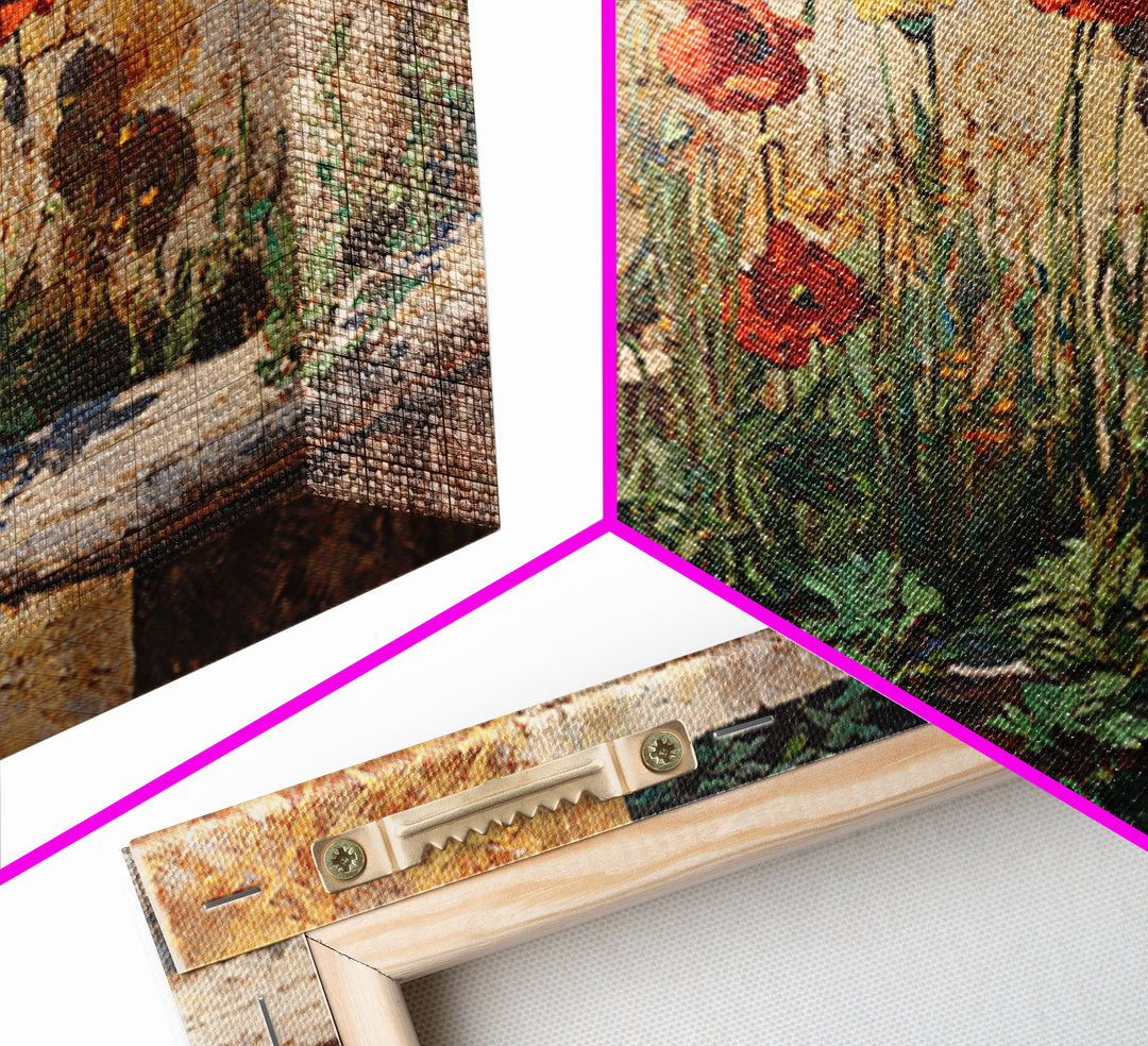 Poppies Beside a Stone Garden Wall Framed Canvas Print, French Country Art, Wall Art, Farmhouse Decor, Fine Art, Country, FCA-3x2-19