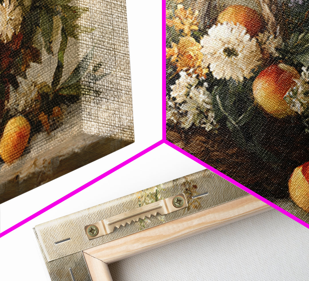 Basket of Fresh Peaches and Wildflowers Framed Canvas Print, French Country Art, Textured Painting, Farmhouse Decor, Country, FCA-3x2-24