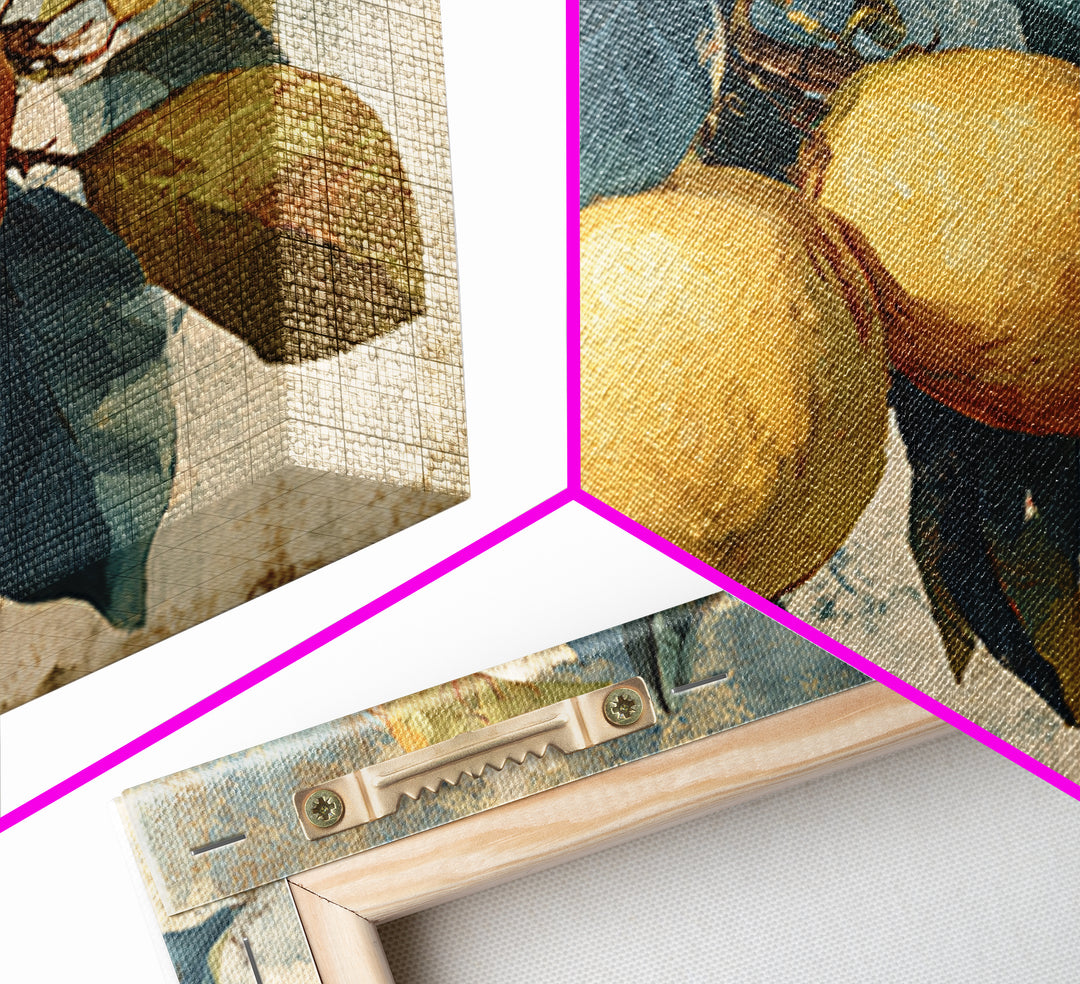 Aged Botanical Plate of Lemons and Leaves Framed Canvas Print, French Country Art, Farmhouse Decor, Fine Art, Country, FCA-3x2-64
