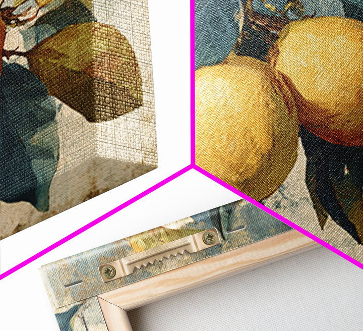 Aged Botanical Plate of Lemons and Leaves Framed Canvas Print, French Country Art, Farmhouse Decor, Fine Art, Country, FCA-3x2-64
