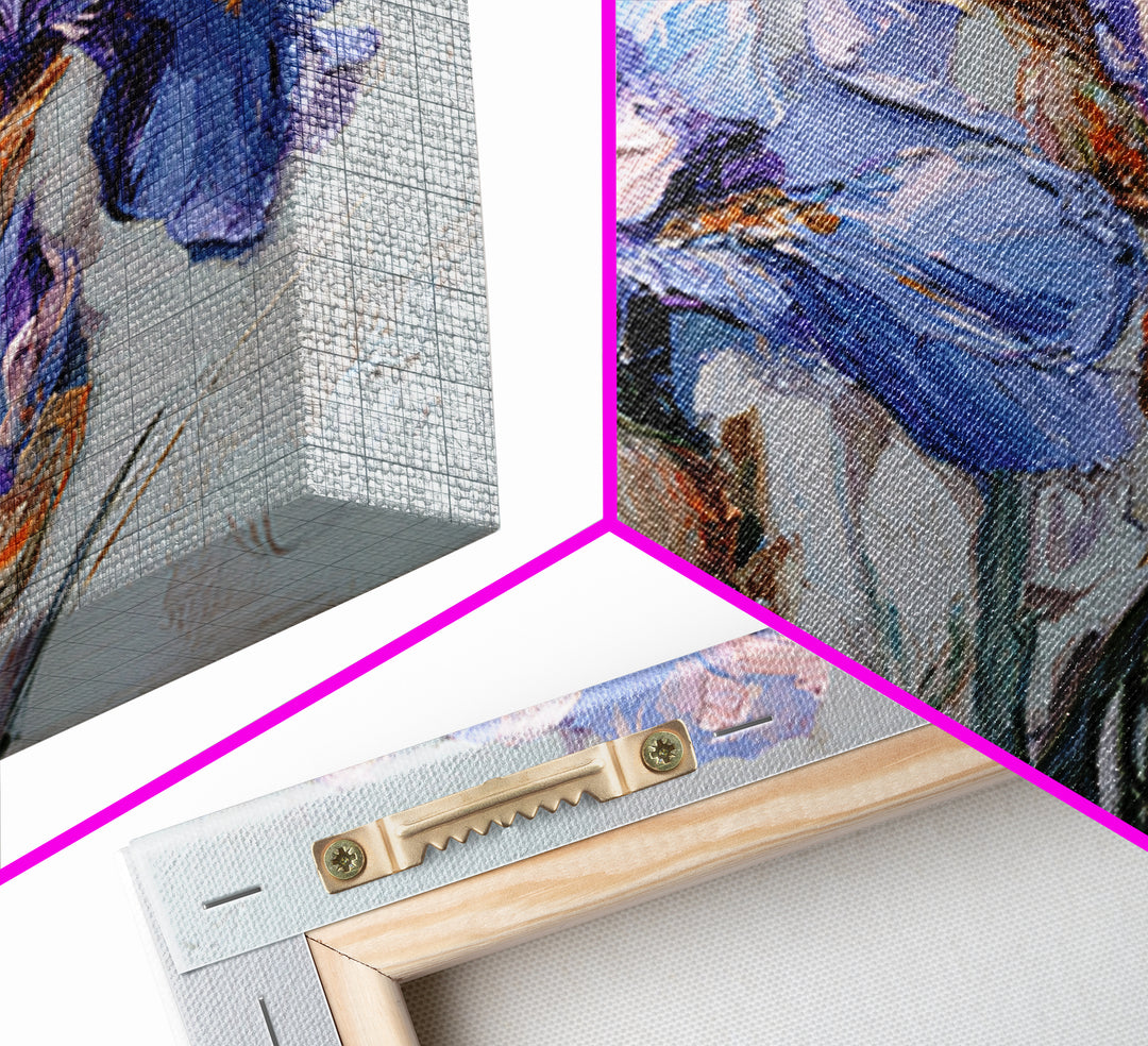 Irises Painted with Expressive Blue Strokes Framed Canvas Print, Floral Art, Botanical Curtain, Living Room Decor, Oil Painting, FLO-1x1-46