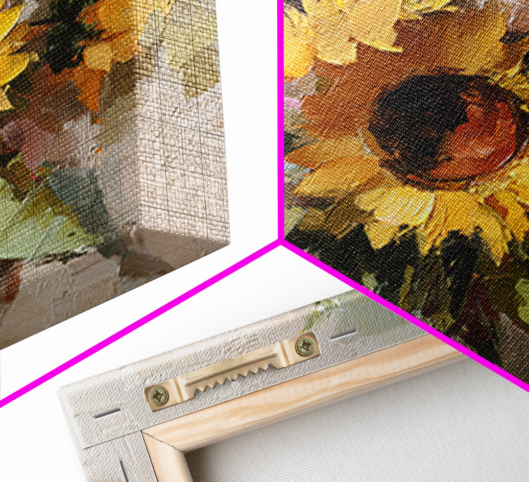 Sunflower Bouquet in Bold Golden Tones Framed Canvas Print, Floral Art, Textured Painting, Living Room Decor, Fine Art, Bloom, FLO-1x1-53