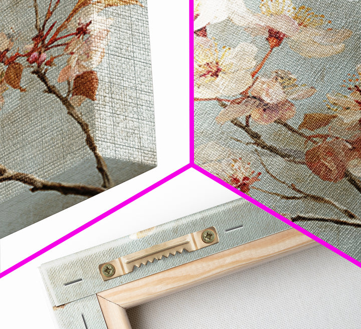 Delicate Cherry Blossom Branch on Pale Sky Framed Canvas Print, Floral Art, Statement Artwork, Living Room Decor, Bloom, FLO-1x1-78