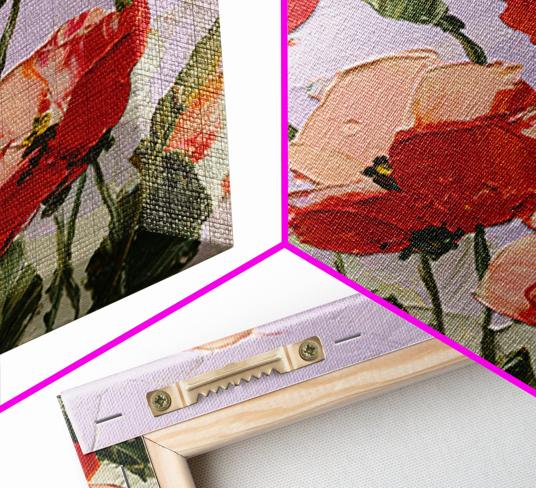 Poppy Field with Red Petals and Green Framed Canvas Print, Floral Art, Printable, Living Room Decor, Oil Painting, Bloom, FLO-1x1-8