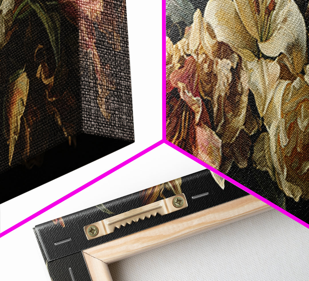 Lily Bouquet with Dramatic Dark Background Framed Canvas Print, Floral Art, Art Nouveau Locket, Living Room Decor, Bloom, FLO-3x1-12