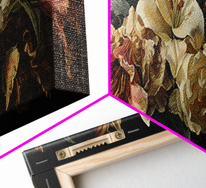 Lily Bouquet with Dramatic Dark Background Framed Canvas Print, Floral Art, Art Nouveau Locket, Living Room Decor, Bloom, FLO-3x1-12