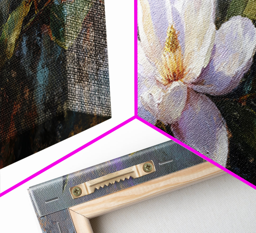 Single White Magnolia on Charcoal Ground Framed Canvas Print, Floral Art, Home Decor, Living Room Decor, Fine Art, Bloom, FLO-3x1-68
