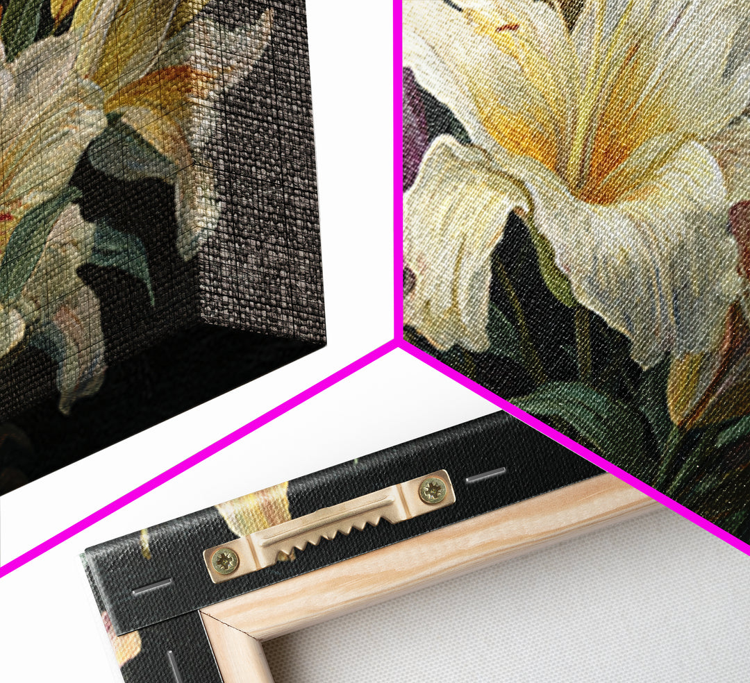 Lily Bouquet with Dramatic Dark Background Framed Canvas Print, Floral Art, Art Nouveau Locket, Living Room Decor, Bloom, FLO-3x2-24