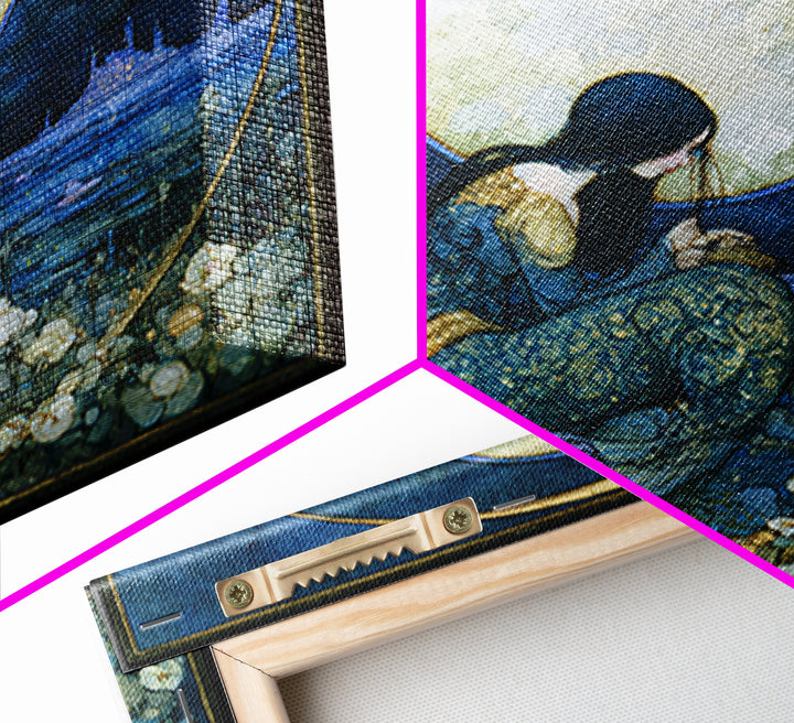 Mermaid Combing Hair Beneath a Pearl Moon Framed Canvas Print, Fairy Tale Art, Painting, Living Room Decor, Fine Art, Storybook, FTA-1x1-12