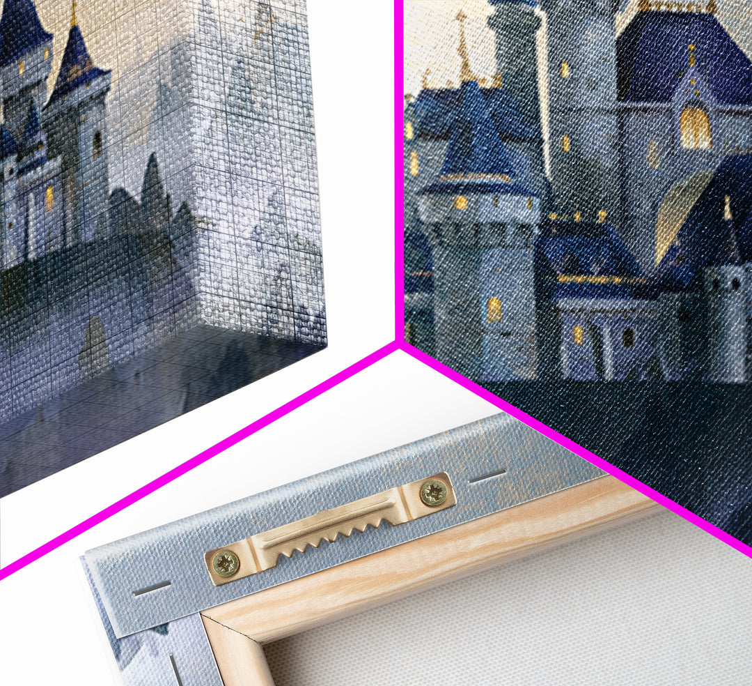 Storybook Castle on a Misty Hill Framed Canvas Print, Fairy Tale Art, Dark Art, Living Room Decor, Fine Art, Storybook, FTA-1x1-2