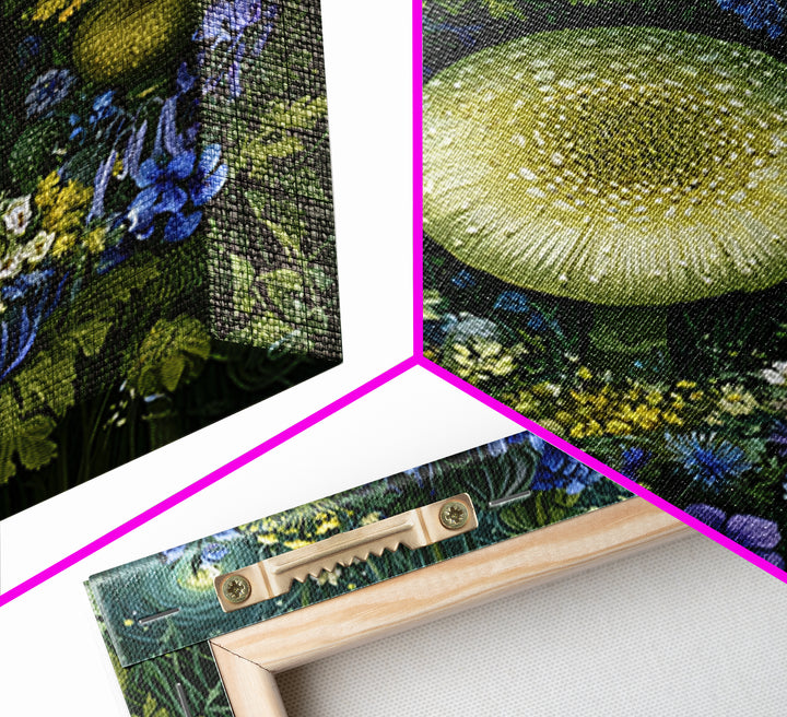 Fairy Ring of Mushrooms and Wildflowers Framed Canvas Print, Fairy Tale Art, Neutral Decor, Living Room Decor, Oil Painting, FTA-1x1-21