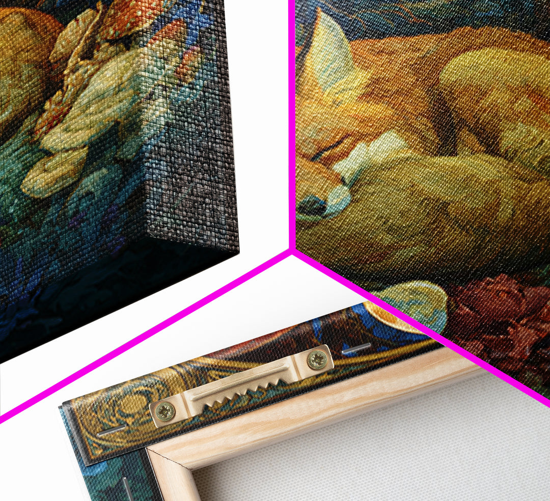 Sleeping Fox Beside a Magical Mushroom Ring Canvas Print, Fairy Tale Art, Abstract Art, Living Room Decor, Storybook, FTA-1x1-3