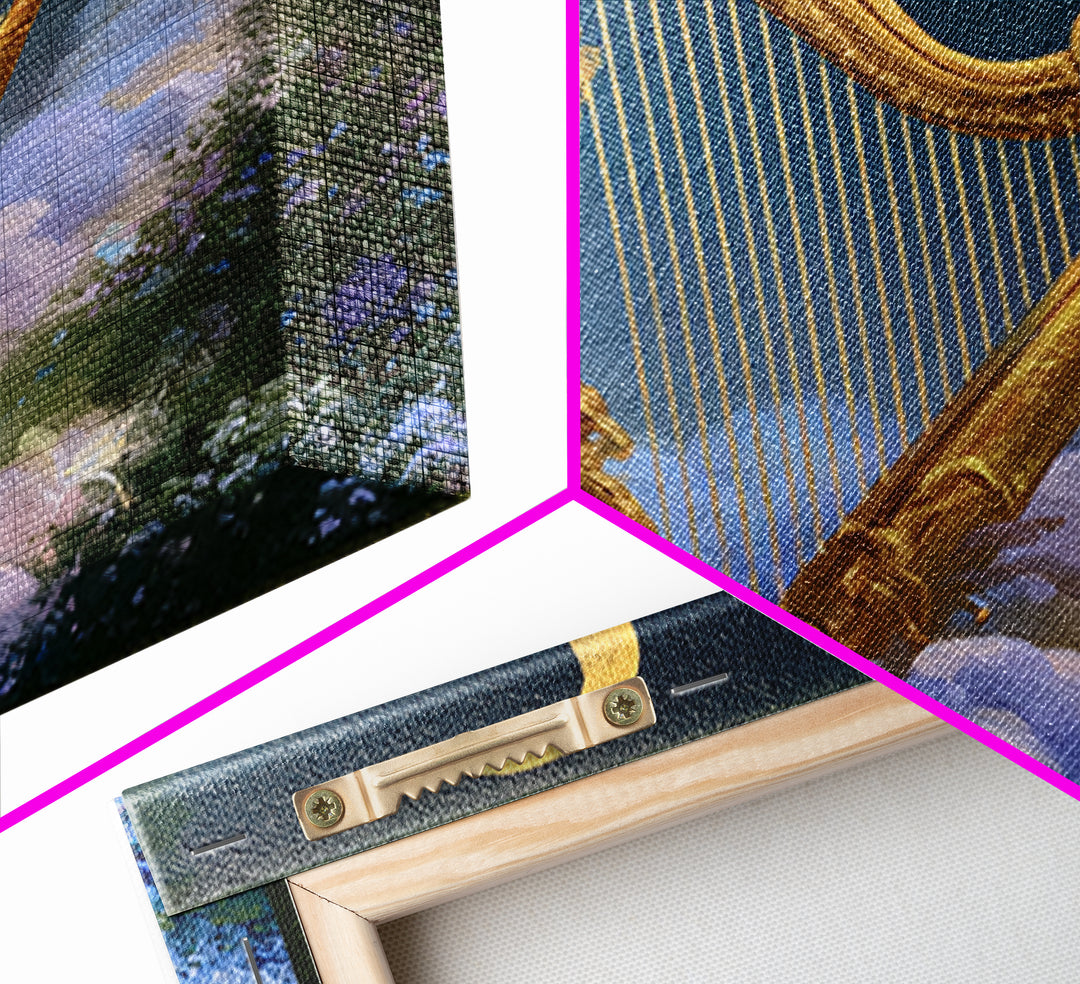 Golden Harp in a Cloud Kingdom Framed Canvas Print, Fairy Tale Art, Mixed Media Art, Living Room Decor, Fine Art, Storybook, FTA-1x1-46