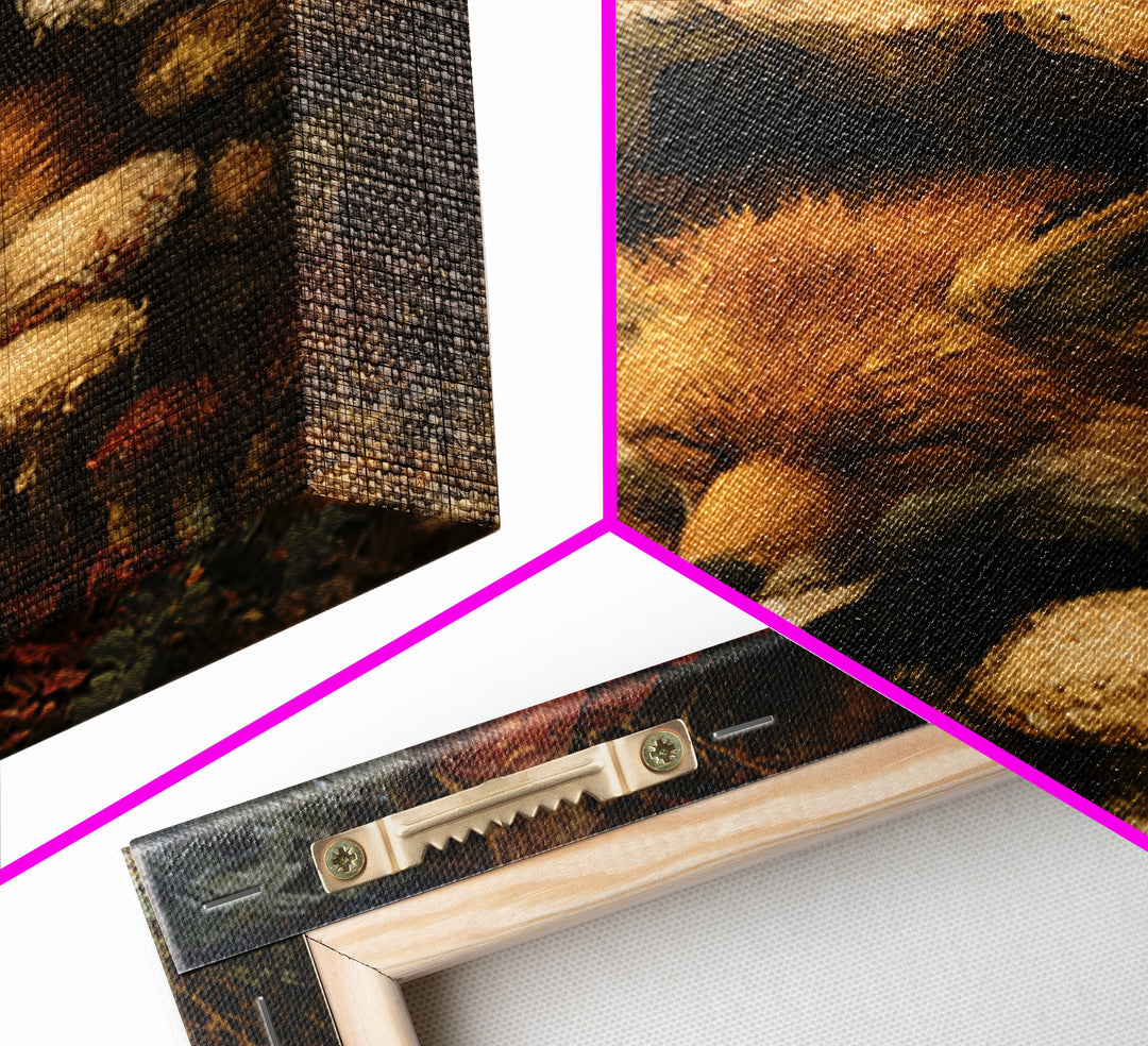 Sleeping Fox Beside a Magical Mushroom Ring Framed Canvas Print, Fairy Tale Art, Fantasy Art, Living Room Decor, Oil Painting, FTA-1x1-51