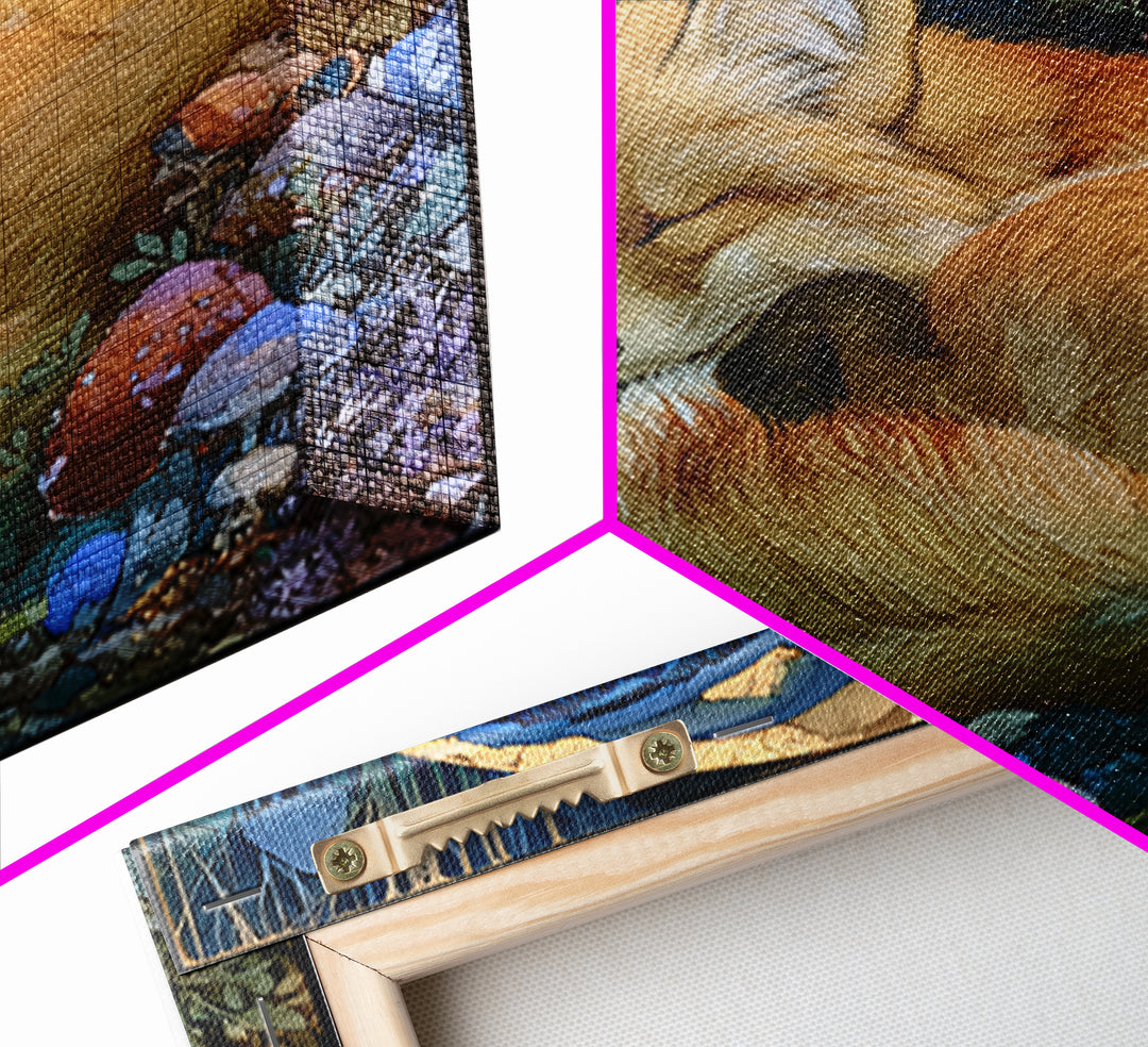 Sleeping Fox Beside a Magical Mushroom Ring Canvas Print, Fairy Tale Art, Statement Artwork, Living Room Decor, Storybook, FTA-1x1-75