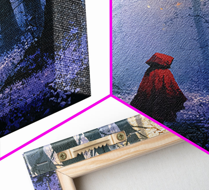 Red Cloak Figure Walking Through Dark Woods Framed Canvas Print, Fairy Tale Art, Original Art, Living Room Decor, Storybook, FTA-1x1-8