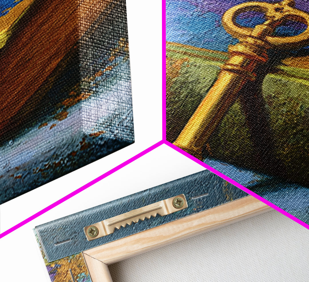 Golden Key and Enchanted Book Still Life Canvas Print, Fairy Tale Art, Painting, Living Room Decor, Fine Art, Storybook, FTA-1x1-81