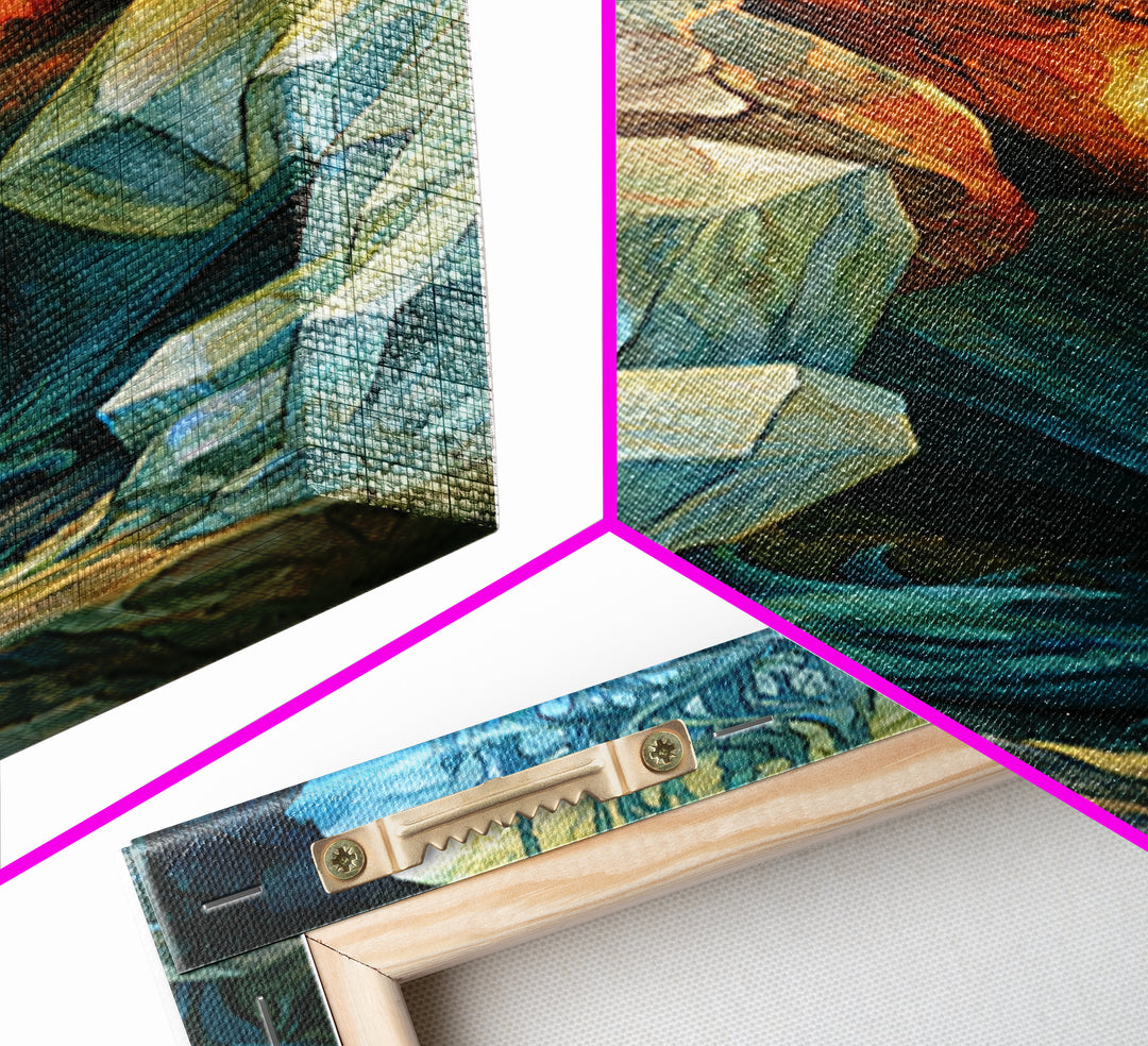 Sleeping Dragon in a Cave of Crystals Canvas Print, Fairy Tale Art, Abstract Art, Living Room Decor, Storybook, Kids Room Art, FTA-1x3-60