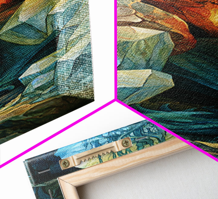 Sleeping Dragon in a Cave of Crystals Canvas Print, Fairy Tale Art, Abstract Art, Living Room Decor, Storybook, Kids Room Art, FTA-1x3-60