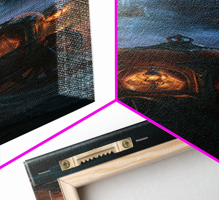 Pumpkin Carriage under Midnight Sky Framed Canvas Print, Fairy Tale Art, Princess Wall Art, Living Room Decor, Oil Painting, FTA-1x3-76
