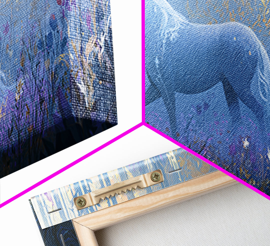Unicorn in a Moonlit Meadow Framed Canvas Print, Fairy Tale Art, Minimalist Decor, Living Room Decor, Oil Painting, Storybook, FTA-2x1-30