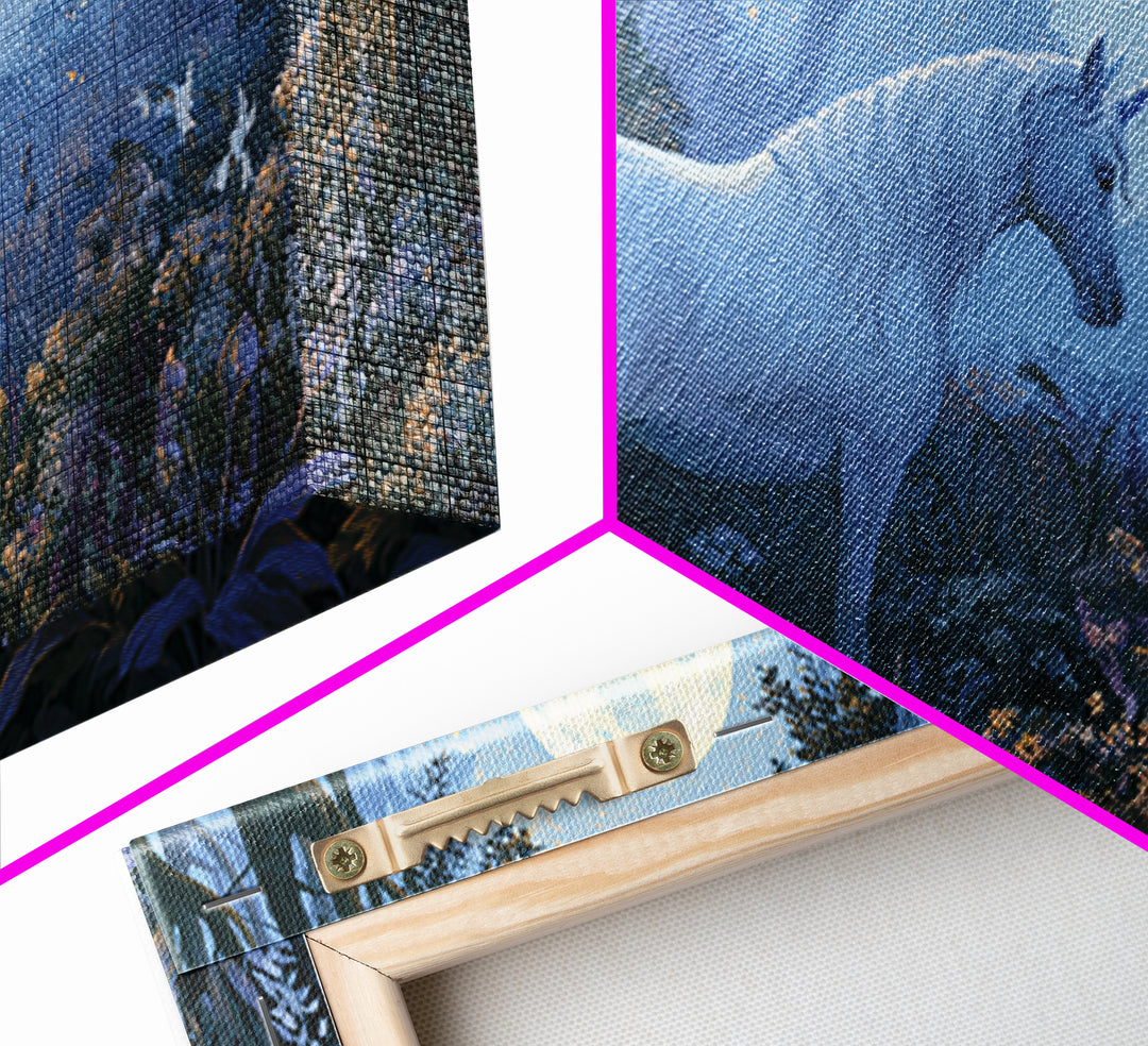 Unicorn in a Moonlit Meadow Framed Canvas Print, Fairy Tale Art, Minimalist Decor, Living Room Decor, Oil Painting, Storybook, FTA-2x1-6