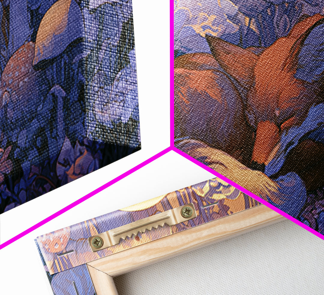 Sleeping Fox Beside a Magical Mushroom Ring Canvas Print, Fairy Tale Art, Kids Room Decor, Living Room Decor, Abstract Art, FTA-2x1-71