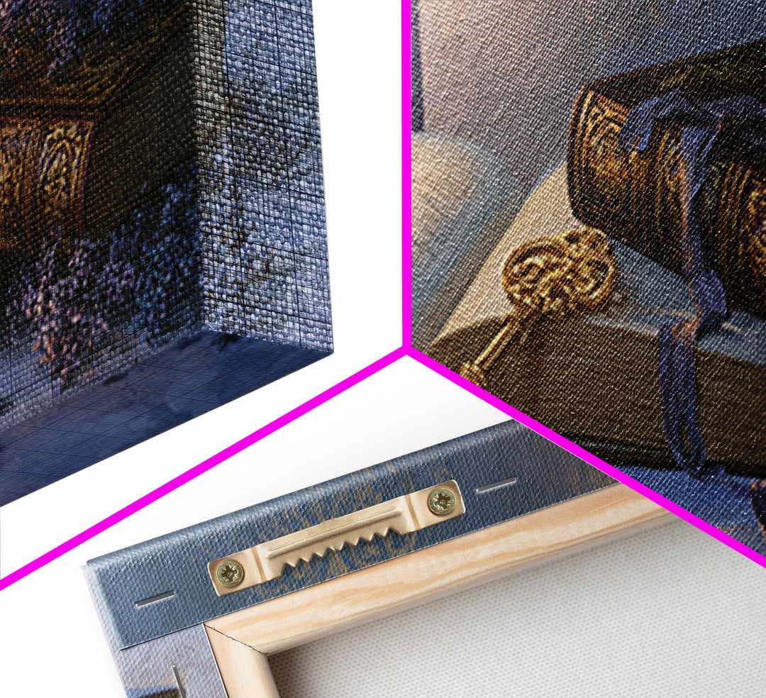Golden Key and Enchanted Book Still Life Canvas Print, Fairy Tale Art, Boho Wall Art, Living Room Decor, Oil Painting, FTA-2x1-77