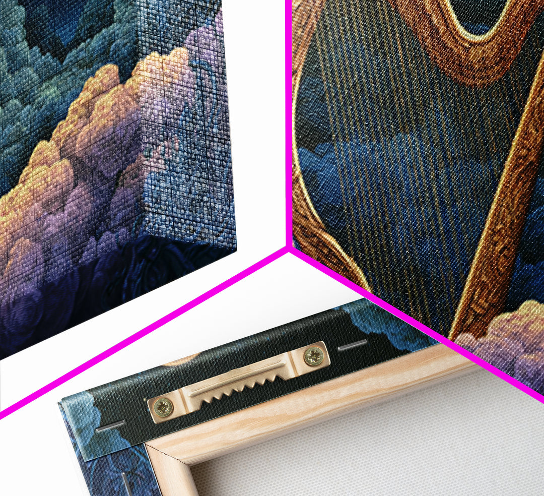 Golden Harp in a Cloud Kingdom Framed Canvas Print, Fairy Tale Art, Art Deco, Living Room Decor, Oil Painting, Storybook, FTA-2x1-90