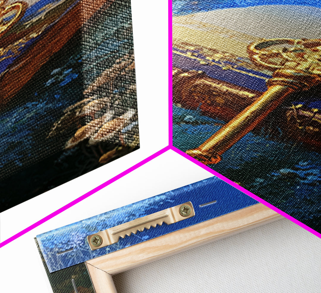 Golden Key and Enchanted Book Still Life Framed Canvas Print, Fairy Tale Art, Abstract Art, Living Room Decor, Storybook, FTA-2x3-41