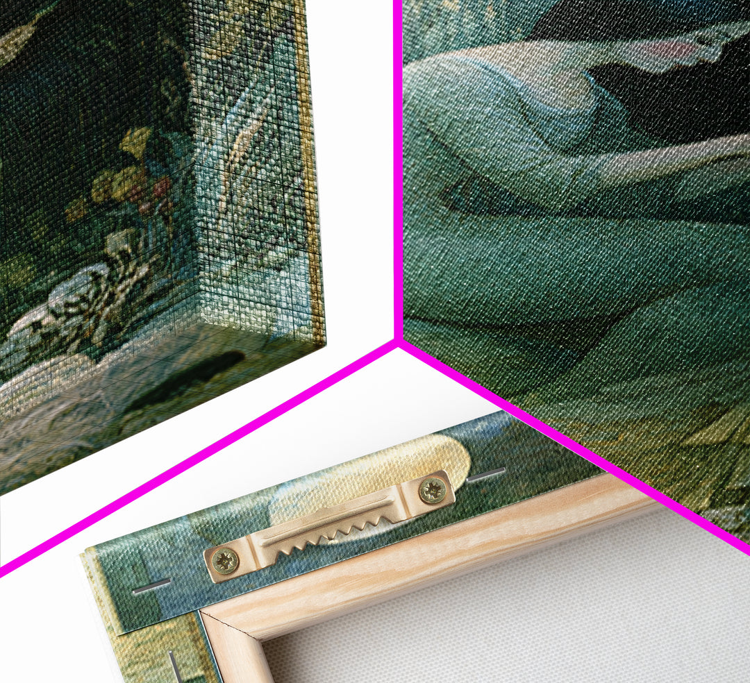 Mermaid Combing Hair Beneath a Pearl Moon Canvas Print, Fairy Tale Art, Luxury Decor, Living Room Decor, Storybook, FTA-2x3-44