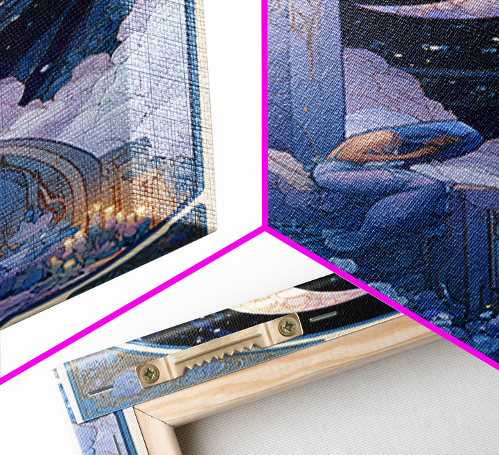 Mermaid Combing Hair Beneath a Pearl Moon Framed Canvas Print, Fairy Tale Art, Nursery Art, Living Room Decor, Storybook, FTA-2x3-68