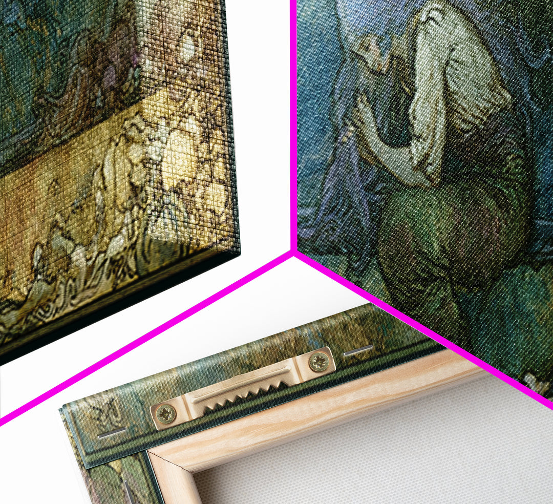 Mermaid Combing Hair Beneath a Pearl Moon Canvas Print, Fairy Tale Art, Living Room Decor, Abstract Art, Storybook, FTA-3x1-100