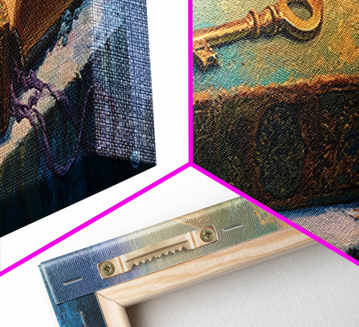 Golden Key and Enchanted Book Still Life Canvas Print, Fairy Tale Art, Kids Room Decor, Living Room Decor, Abstract Art, FTA-3x1-25