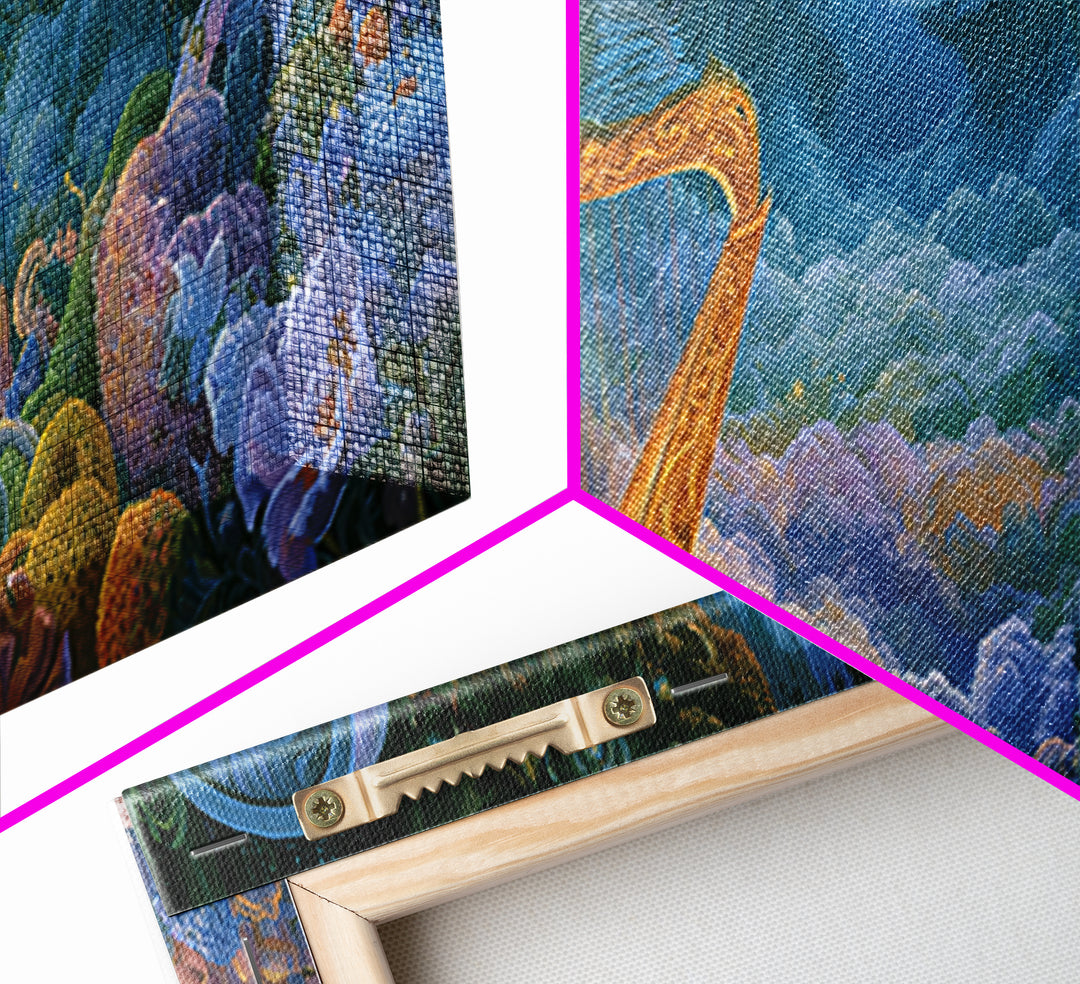 Golden Harp in a Cloud Kingdom Canvas Print, Fairy Tale Art, Boho Decor, Living Room Decor, Oil Painting, Storybook, Art Print, FTA-3x1-62