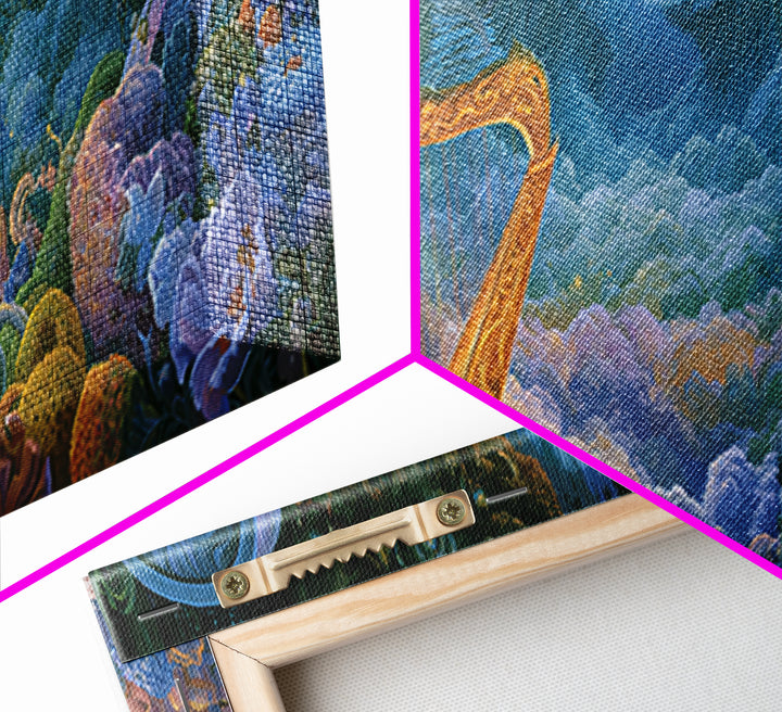 Golden Harp in a Cloud Kingdom Canvas Print, Fairy Tale Art, Boho Decor, Living Room Decor, Oil Painting, Storybook, Art Print, FTA-3x1-62