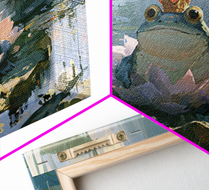 Frog Prince on a Lily Pad Framed Canvas Print, Fairy Tale Art, Whimsical Art, Living Room Decor, Fine Art, Storybook, FTA-3x2-15