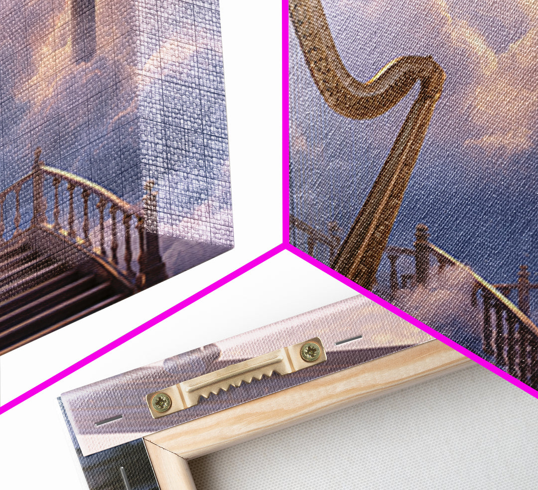 Golden Harp in a Cloud Kingdom Framed Canvas Print, Fairy Tale Art, Art Nouveau, Living Room Decor, Fine Art, Storybook, FTA-3x2-2