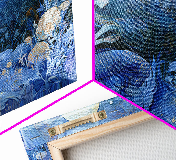 Mermaid Combing Hair Beneath a Pearl Moon Framed Canvas Print, Fairy Tale Art, Fantasy Art, Living Room Decor, Oil Painting, FTA-3x2-40