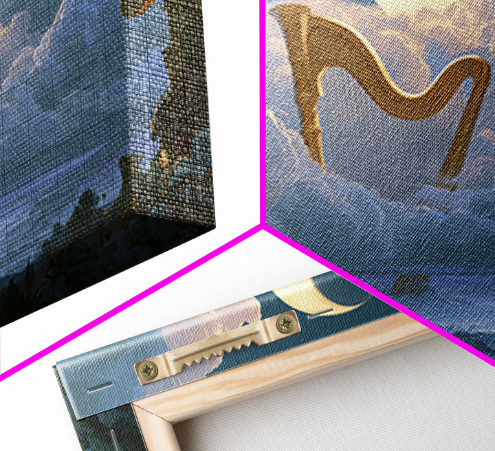 Golden Harp in a Cloud Kingdom Framed Canvas Print, Fairy Tale Art, Princess Wall Art, Living Room Decor, Oil Painting, FTA-3x2-50