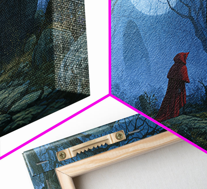 Red Cloak Figure Walking Through Dark Woods Canvas Print, Fairy Tale Art, Textured Painting, Living Room Decor, Storybook, FTA-3x2-60