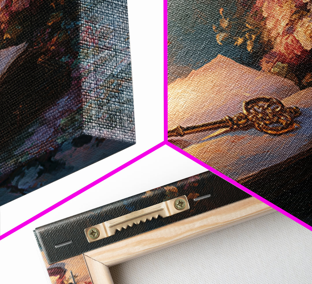 Golden Key and Enchanted Book Still Life Canvas Print, Fairy Tale Art, Fantasy Art, Living Room Decor, Oil Painting, Storybook, FTA-3x2-61