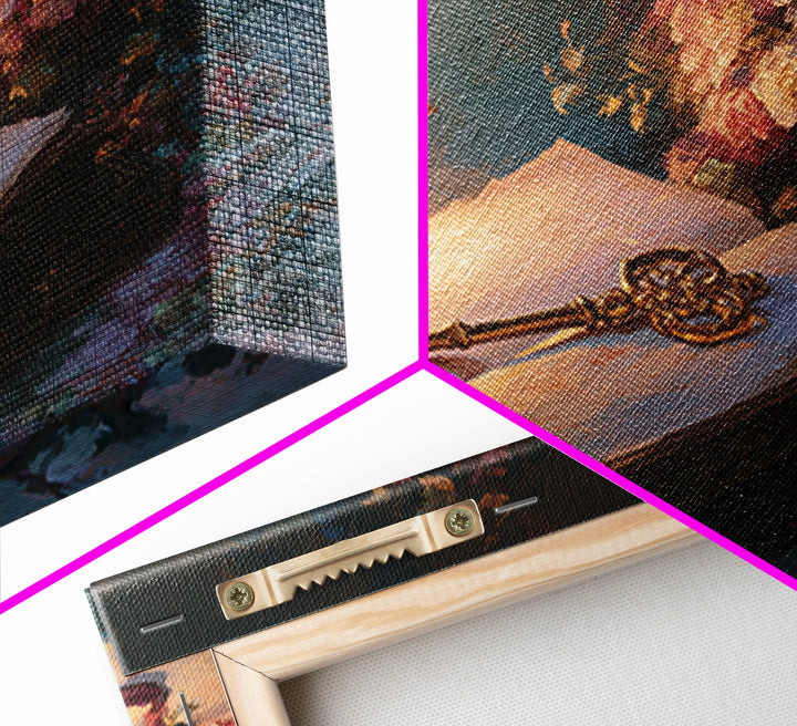 Golden Key and Enchanted Book Still Life Canvas Print, Fairy Tale Art, Fantasy Art, Living Room Decor, Oil Painting, Storybook, FTA-3x2-61