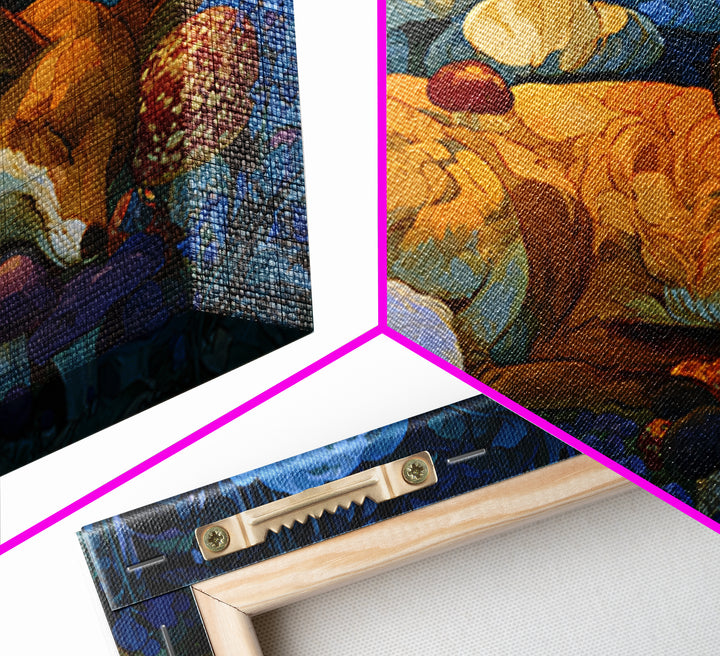 Sleeping Fox Beside a Magical Mushroom Ring Framed Canvas Print, Fairy Tale Art, Abstract Art, Living Room Decor, Storybook, FTA-3x2-7