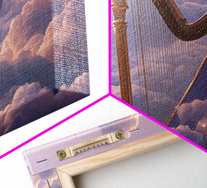 Golden Harp in a Cloud Kingdom Framed Canvas Print, Fairy Tale Art, Princess Wall Art, Living Room Decor, Oil Painting, FTA-3x2-74