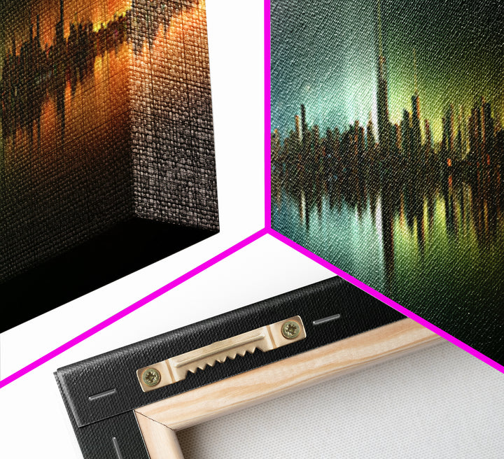 Sleek Chrome City Skyline Framed Canvas Print, Futuristic Art, Contemporary Art, Living Room Decor, Fine Art, Future, FUT-2x1-45