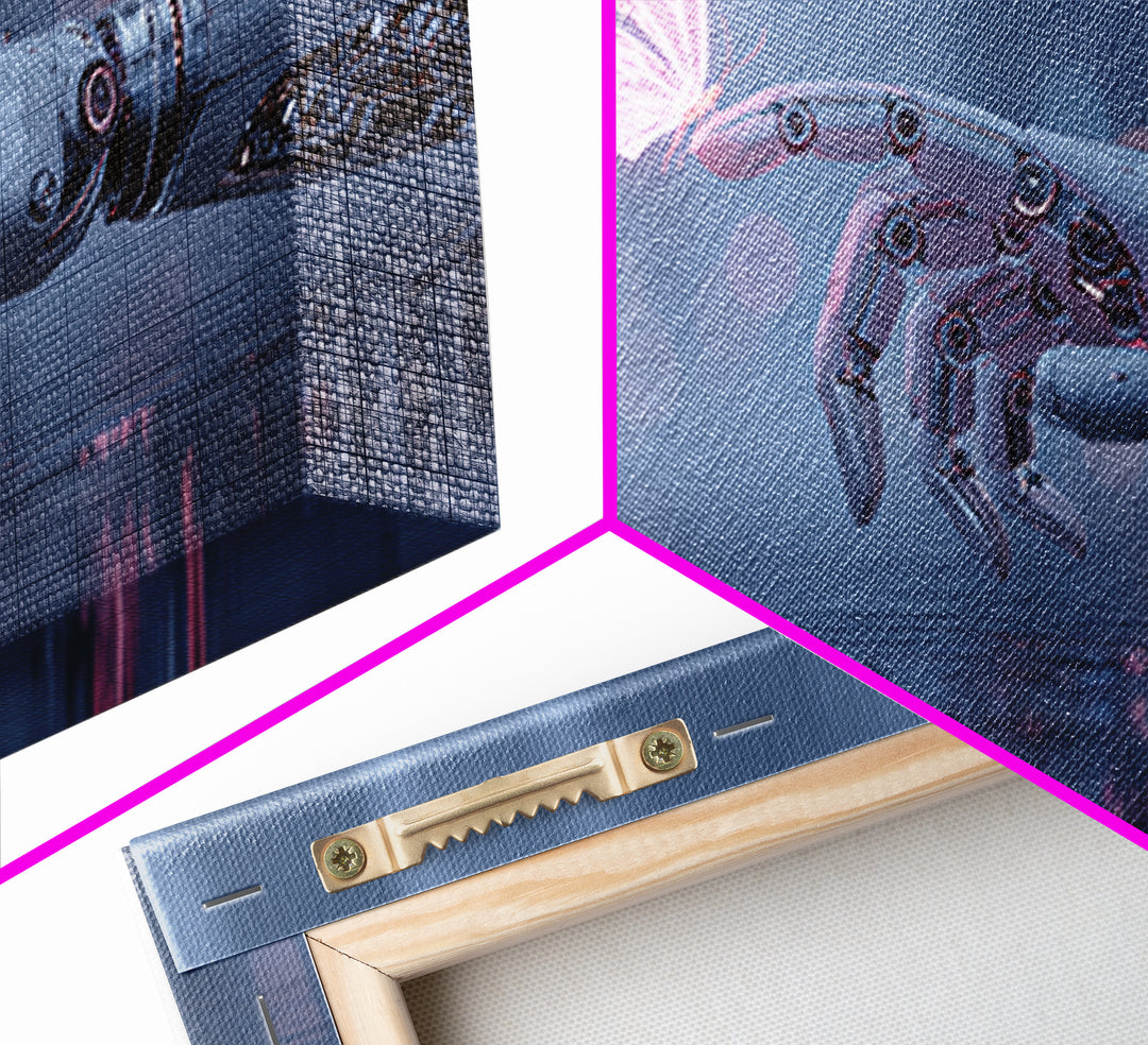 Robotic Hand Holding a Delicate Butterfly Canvas Print, Futuristic Art, Mid Century Modern, Living Room Decor, Fine Art, Future, FUT-2x1-52