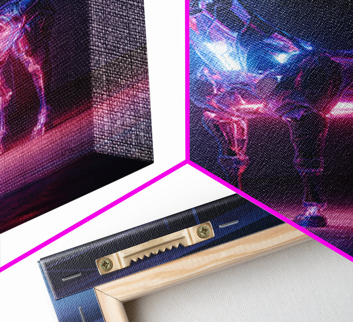 Cybernetic Horse in a Luminous Field Framed Canvas Print, Futuristic Art, Cyberpunk Decor, Living Room Decor, Oil Painting, FUT-2x3-21